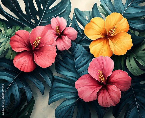 Wallpaper Mural An illustration with white base and soft Hawaiian flowers and palm leaves in pastel tones for a relaxed summer mood Torontodigital.ca