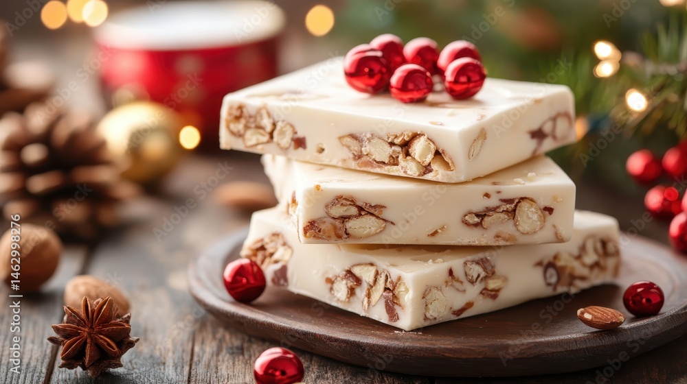 A delightful stack of nougat bars, studded with nuts and decorated for the holidays, radiating warmth and joy, perfect for celebrations and sharing during festive gatherings. A delightful stack of nougat bars, studded with nuts and decorated for the holidays, radiating warmth and joy, perfect for celebrations and sharing during festive gatherings.