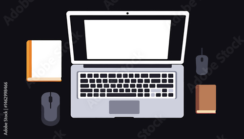 Laptop and Books Workspace_Minimalist Home Office Setup_Study and Productivity Essentials_Digital Learning Illustration_Work From Home Vibe