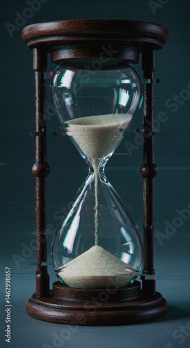 A close up shot of a wooden framed hourglass with sand flowing against a blurred background