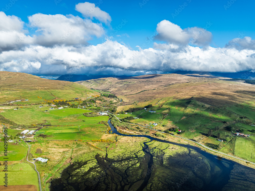 Farms and Moors over Loch Harport from a drone, Drynoch, Isle of Skye, Highlands, Scotland