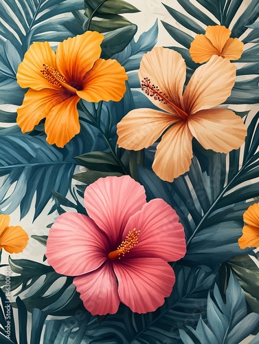 Wallpaper Mural An illustration with white base and soft Hawaiian flowers and palm leaves in pastel tones for a relaxed summer mood Torontodigital.ca