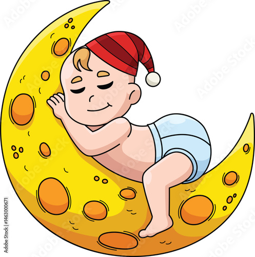 Baby Shower Baby Sleeping on Moon Cartoon Clipart 