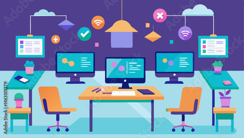A space dedicated to online research and learning with large tables and monitors for multiple users.