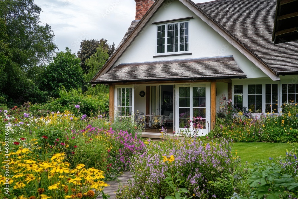 Tucked away in the picturesque countryside, this enchanting cottage is enveloped by a colorful flower garden, set against a cloudy sky Tucked away in the picturesque countryside, this enchanting cottage is enveloped by a colorful flower garden, set against a cloudy sky