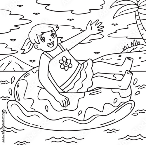 Swimming Girl Floating Over the Beach Coloring 