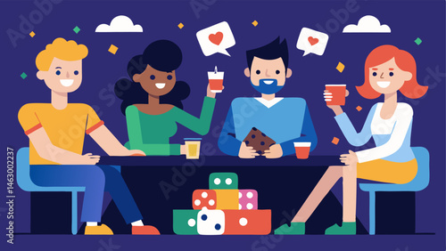 Game Night Extravaganza A lively scene of friends in a game room engaged in different games like card games and video games with drinks and snacks tered around.