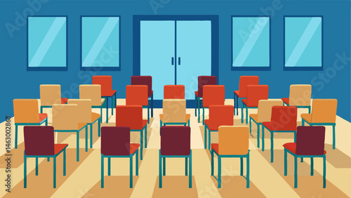A room with rows of chairs set up for a town hall meeting or informational session.