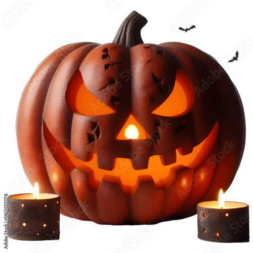 Halloween pumpkin lantern with carved face and glowing eyes, isolated on white