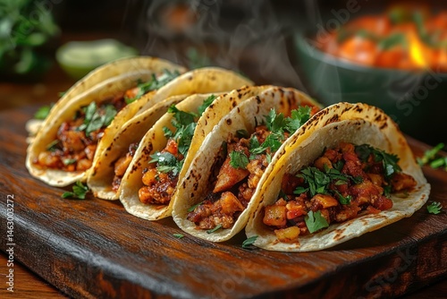 Four warm soft tacos filled with seasoned cooked meat and garnished with fresh chopped cilantro on wooden serving board