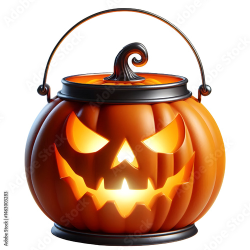 Halloween pumpkin lantern with carved face and glowing eyes, isolated on white