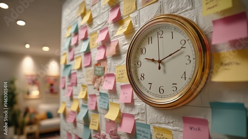 Clock and Sticky Notes on Office Wall