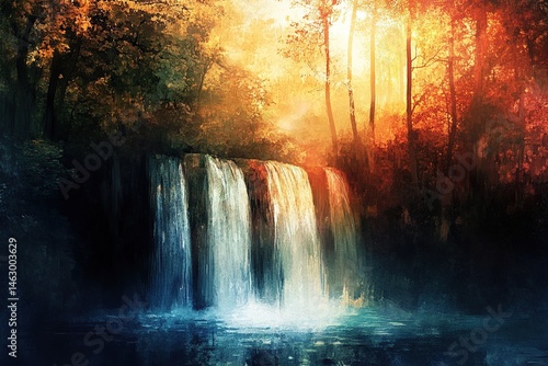 Autumn waterfall cascading through a vibrant forest