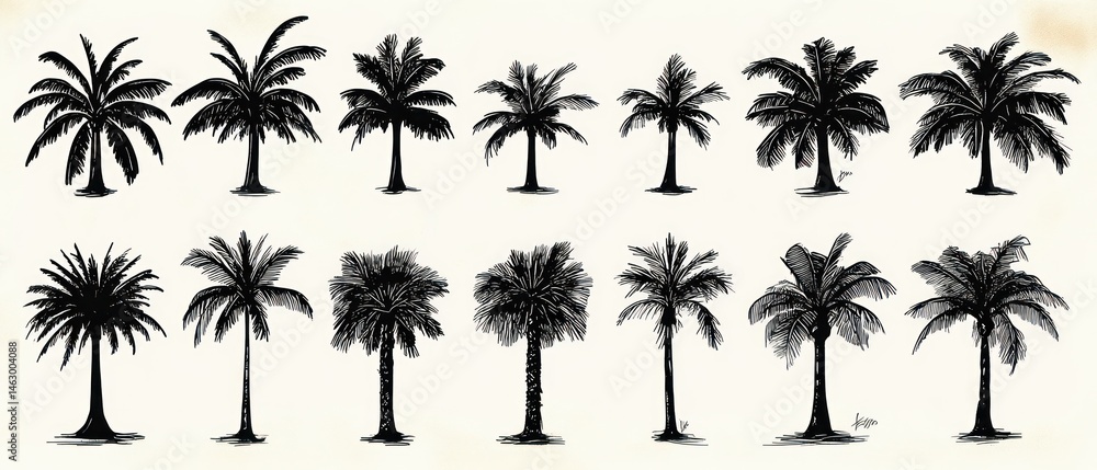 Collection of sixteen varied black silhouette palm tree illustrations showing different shapes and leaf patterns on a light background