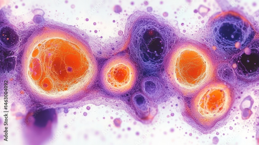 Colorful microscopic view showing cellular structures with vibrant orange centers surrounded by intricate purple and white web-like patterns on a light background