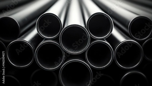 Close-up view of stacked shiny black metal pipes with reflective smooth surfaces arranged in a triangular formation showing depth and industrial feel