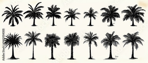 Obraz na płótnie Collection of sixteen varied black silhouette palm tree illustrations showing different shapes and leaf patterns on a light background w salonie