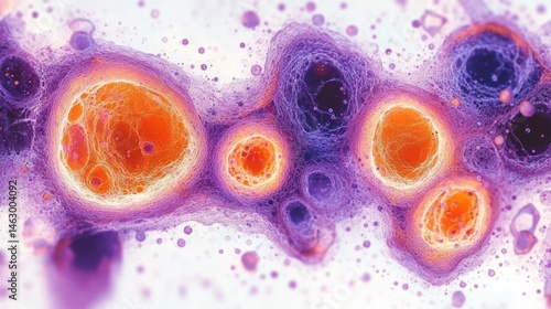 Obraz na płótnie Colorful microscopic view showing cellular structures with vibrant orange centers surrounded by intricate purple and white web-like patterns on a light background w salonie