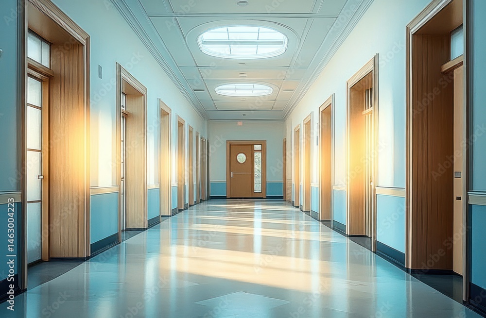 Bright and empty corridor with wooden doors and large skylights casting sunlight on the polished floor in a clean modern building