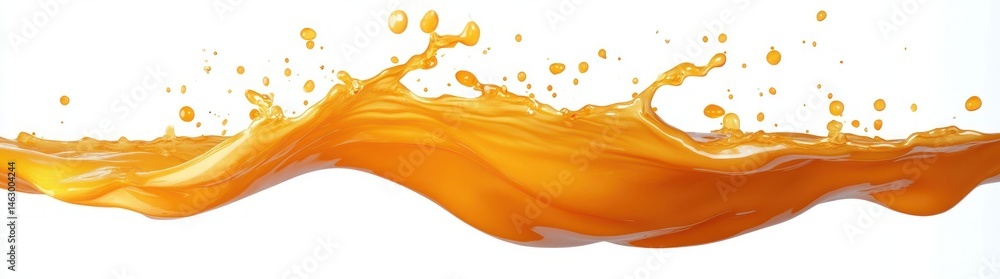 Bright orange liquid splash dynamically captured mid-air on a clean white background with droplets flying around conveying energy and motion
