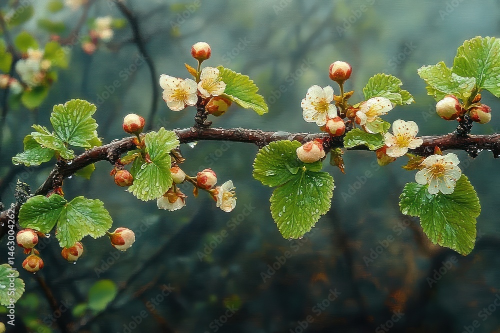 Close-up of a wet branch with fresh green leaves and white flowers blooming in a misty natural background