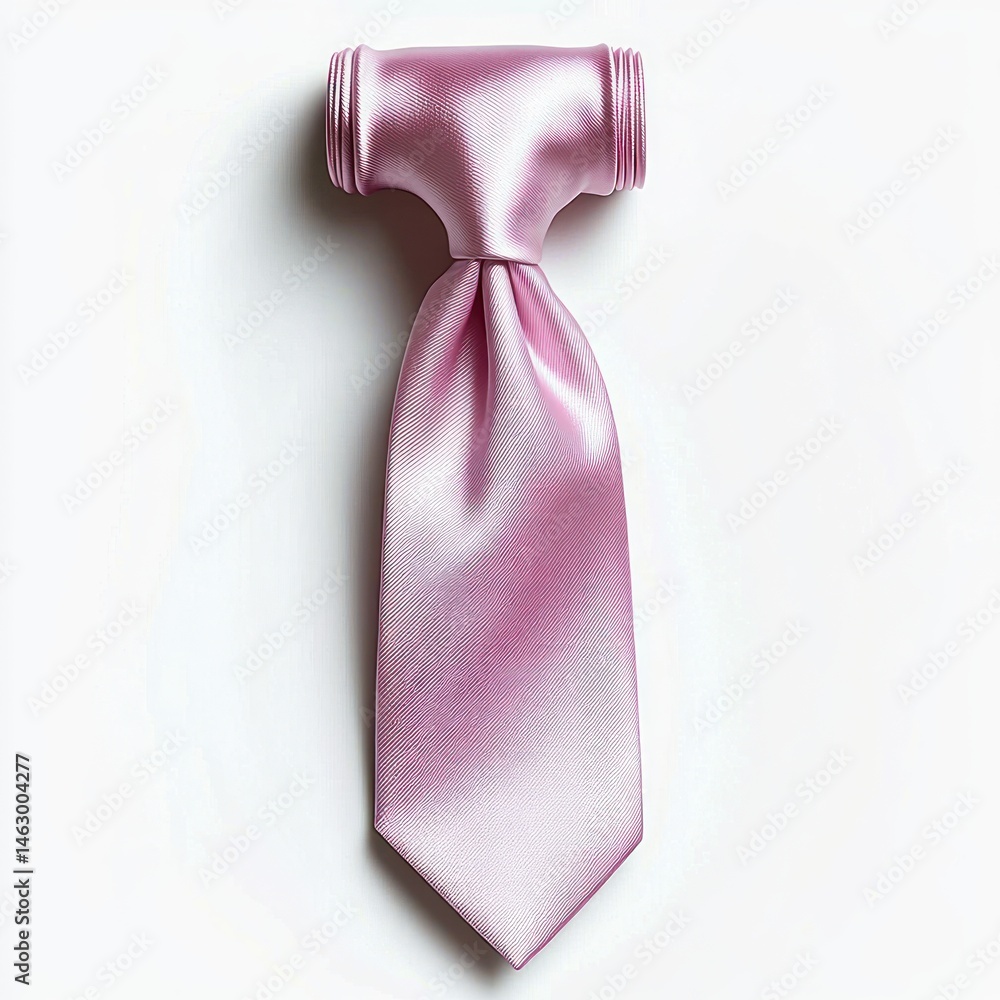 Pink satin necktie knotted to resemble a plumbing pipe fitting against a white background, blending fashion and plumbing concepts with a smooth, shiny texture