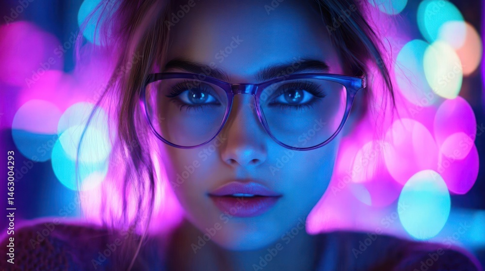 Close-up portrait of a young woman wearing large glasses illuminated by vibrant blue and purple neon lights with an intense and thoughtful expression