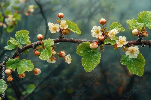 Obraz na płótnie Close-up of a wet branch with fresh green leaves and white flowers blooming in a misty natural background w salonie