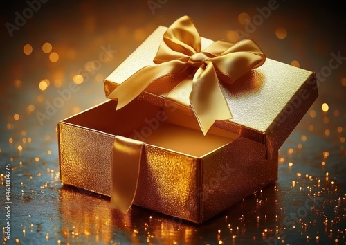 Obraz na płótnie shiny golden gift box with a luxurious ribbon bow partially open on reflective surface surrounded by warm glowing light bokeh w salonie