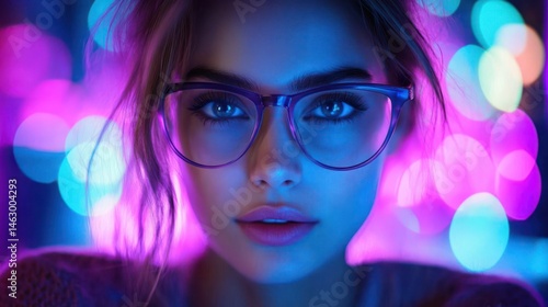 Obraz na płótnie Close-up portrait of a young woman wearing large glasses illuminated by vibrant blue and purple neon lights with an intense and thoughtful expression w salonie