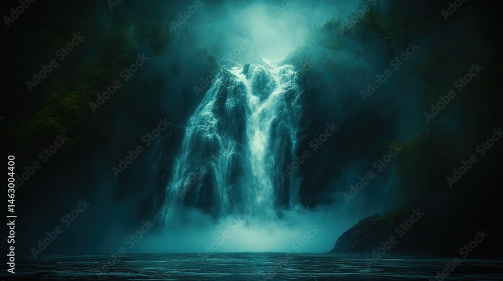 Majestic waterfall cascading into a misty, dark forest at night. Waterfalls are powerful, mysterious, and serene, plunging into a body of water Majestic waterfall cascading into a misty, dark forest at night. Waterfalls are powerful, mysterious, and serene, plunging into a body of water