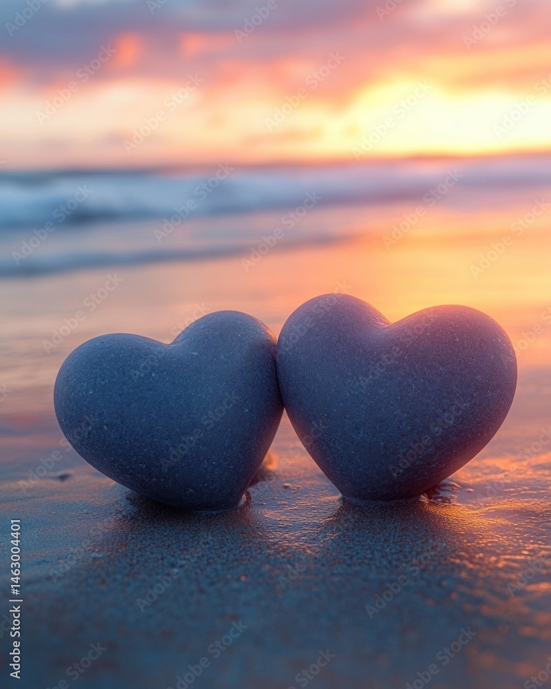 Two heart-shaped stones on wet sand at the beach during a colorful sunset with soft waves in the background