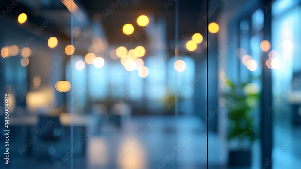 A blurred image of a contemporary office, with bokeh lights from sleek overhead fixtures casting a warm glow over the refined minimalist design A blurred image of a contemporary office, with bokeh lights from sleek overhead fixtures casting a warm glow over the refined minimalist design