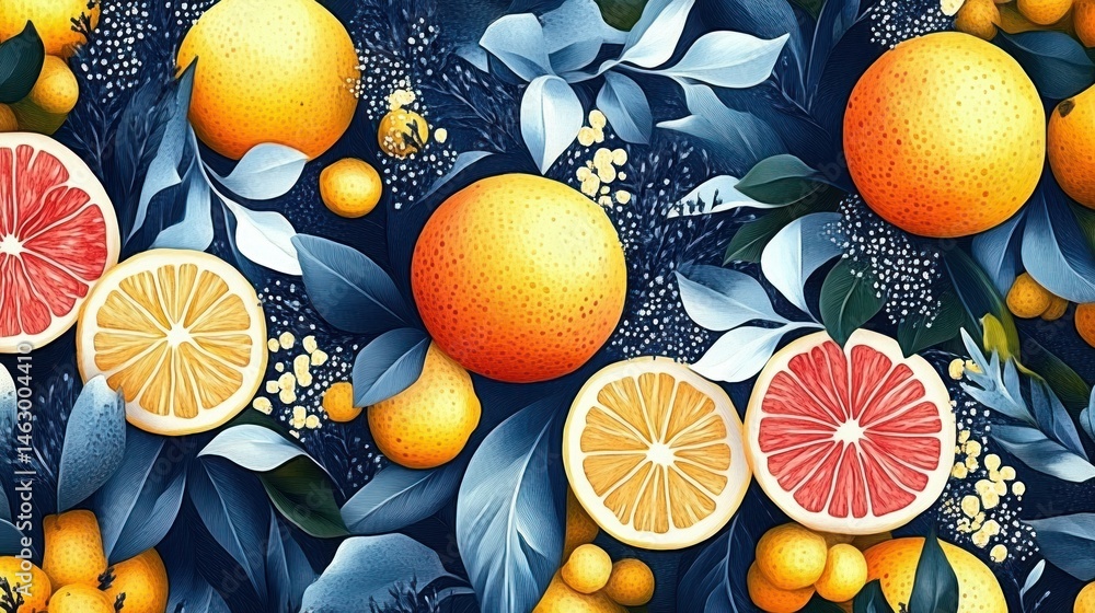 vibrant arrangement of whole and sliced citrus fruits including oranges and grapefruits amidst blue-toned leaves and small yellow blossoms creating a fresh and lively composition