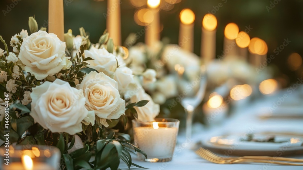 Elegant table setting featuring white roses and greenery arranged alongside lit candles creating a warm and romantic ambiance