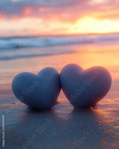 Obraz na płótnie Two heart-shaped stones on wet sand at the beach during a colorful sunset with soft waves in the background w salonie