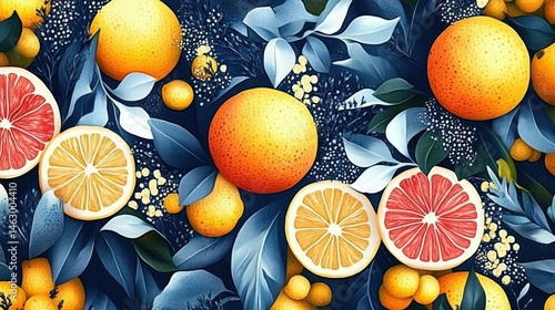 Obraz na płótnie vibrant arrangement of whole and sliced citrus fruits including oranges and grapefruits amidst blue-toned leaves and small yellow blossoms creating a fresh and lively composition w salonie