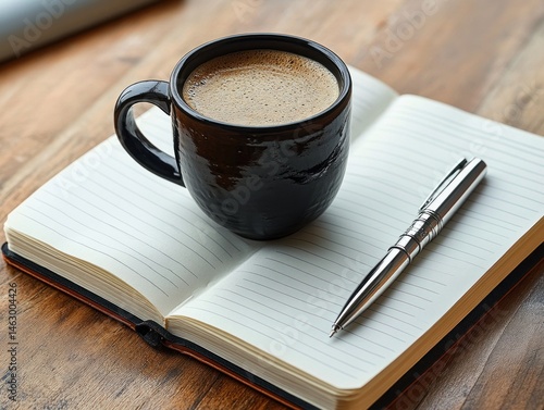 Obraz na płótnie open notebook with lined pages lying on wooden surface next to a silver pen and a black coffee mug filled with coffee, suggesting a calm and focused moment w salonie