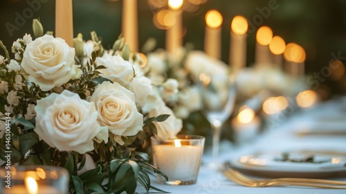 Obraz na płótnie Elegant table setting featuring white roses and greenery arranged alongside lit candles creating a warm and romantic ambiance w salonie