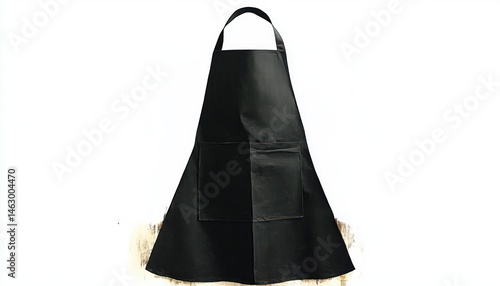 Single black apron with neck strap and two front pockets laid flat on a white background