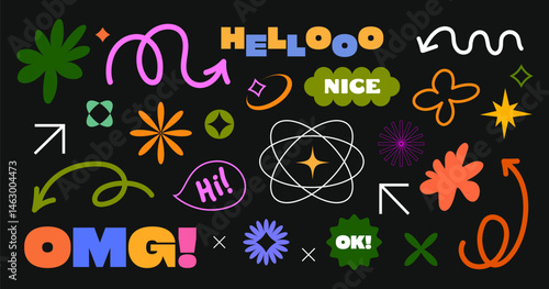 Set of bright decorative abstract elements in a flat style on a dark background. Suitable for social media design, collages, presentations, posters and creative content.