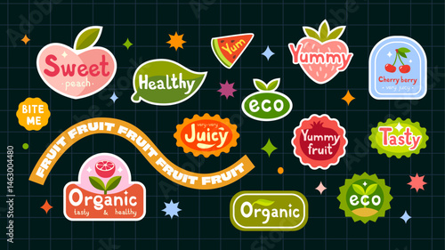 A fun set of fruit stickers in a cartoon style. Labels for fruit with inscriptions.  Ideal for packaging, posters, menus, social media or children's designs.