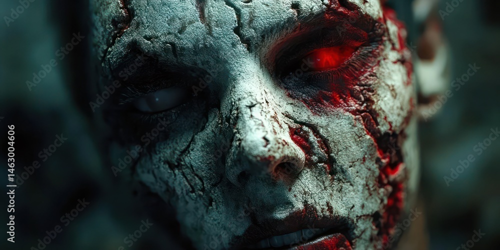 close-up of a cracked, zombie-like face with pale, decaying skin and one glowing red eye, evoking horror and menace