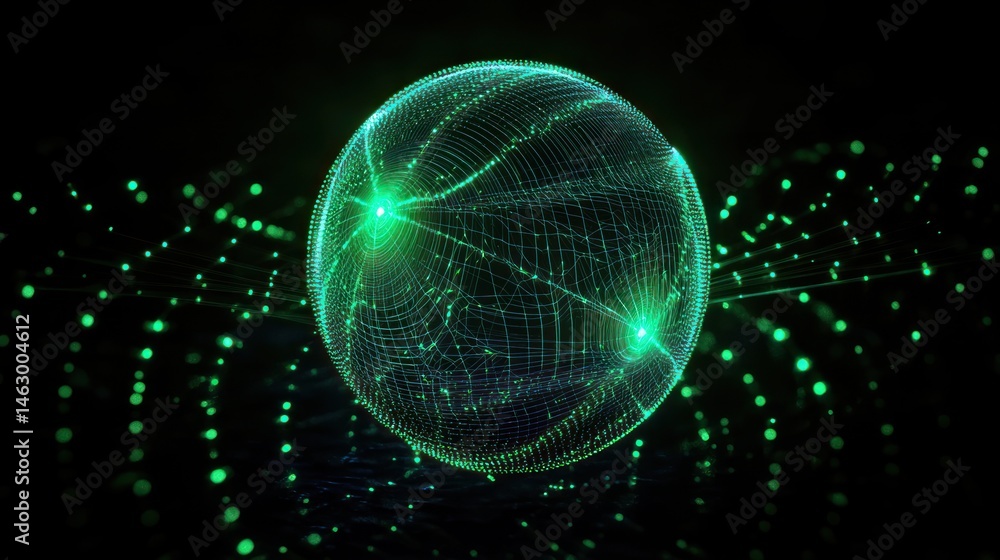 Glowing green digital sphere composed of interconnected points and lines emitting light against a dark background, illustrating futuristic technology and network connectivity