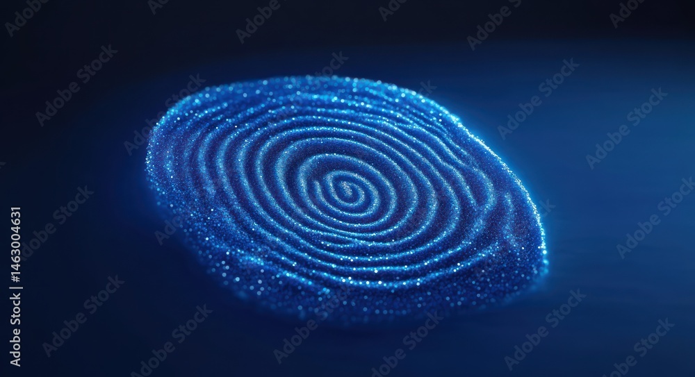 Glowing blue fingerprint composed of sparkling particles on dark background, representing digital identity and technology