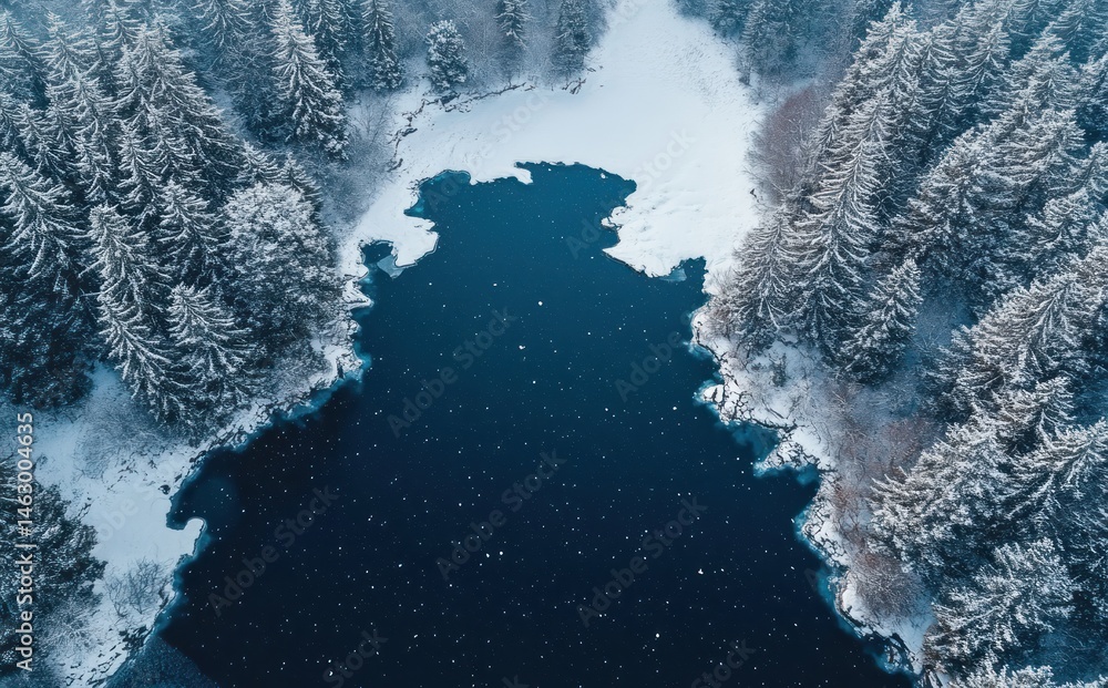 Aerial view of a snow-covered forest surrounding a partially frozen dark blue lake in a winter landscape
