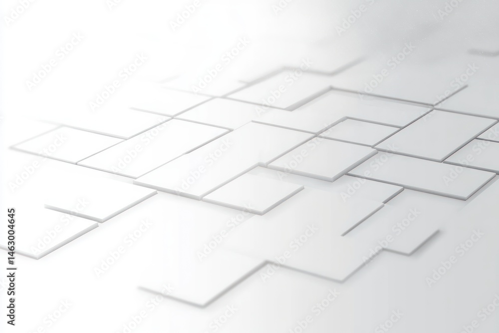 abstract white geometric pattern of overlapping and interconnected squares and rectangles with subtle shadows and depth effect on a smooth surface
