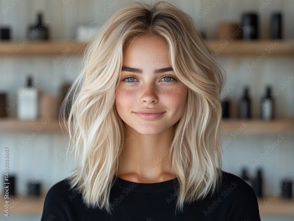 Young woman with long tousled blonde hair and blue eyes smiling softly with a blurred shelf background