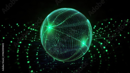Obraz na płótnie Glowing green digital sphere composed of interconnected points and lines emitting light against a dark background, illustrating futuristic technology and network connectivity w salonie