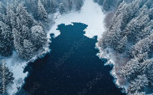 Obraz na płótnie Aerial view of a snow-covered forest surrounding a partially frozen dark blue lake in a winter landscape w salonie